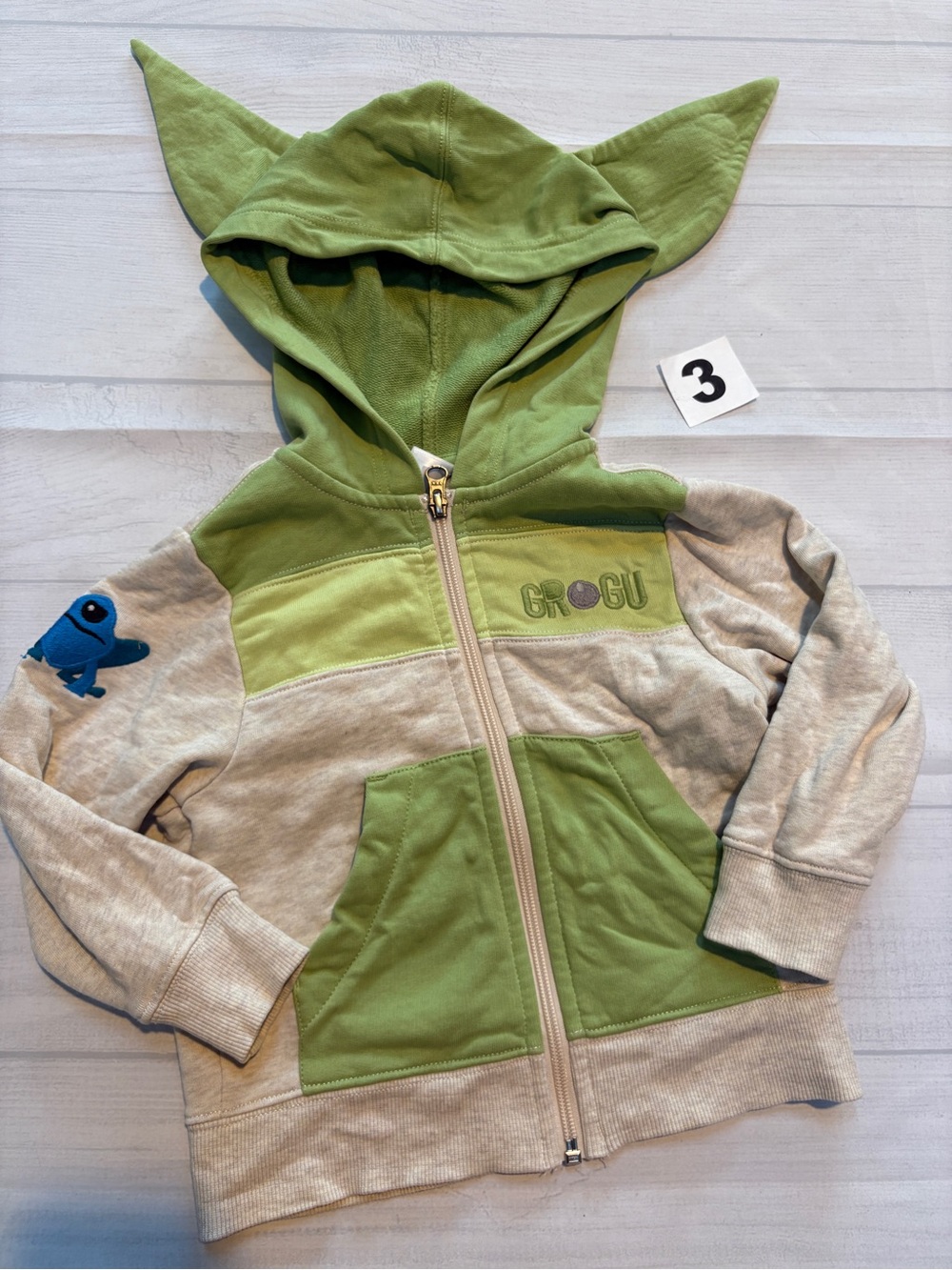 Hanna Andersson Green and Light Gray Grogu-Ear Zip Hoodie